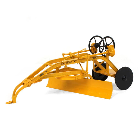 Yellow agricultural implement with black wheels on a white background