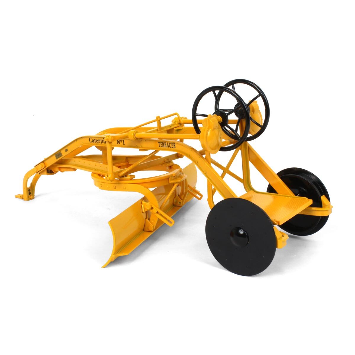 Yellow agricultural implement with black wheels on a white background
