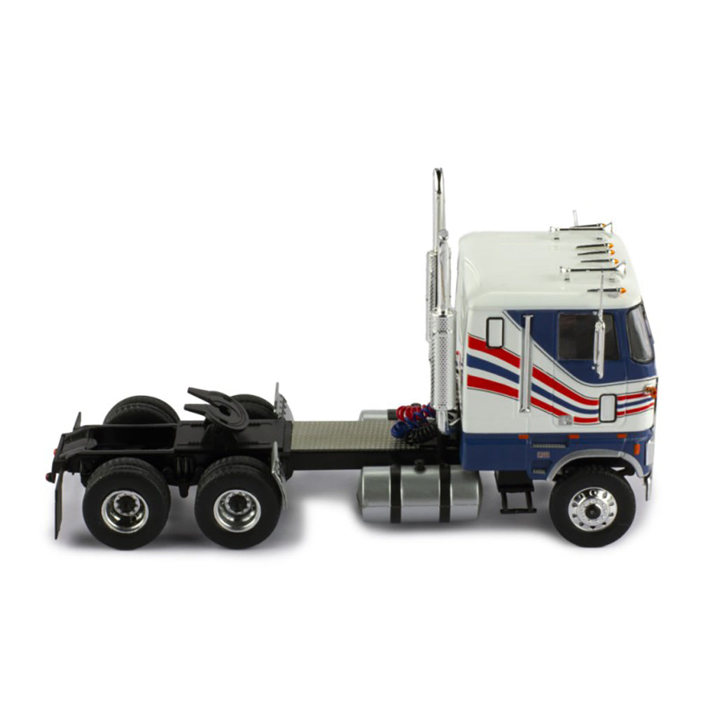Model Ford CL 9000 truck with a blue and white color scheme on a white background