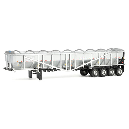 A silver and white metal potato trailer with black wheels and chassis, shown from a side profile on a clean white background.