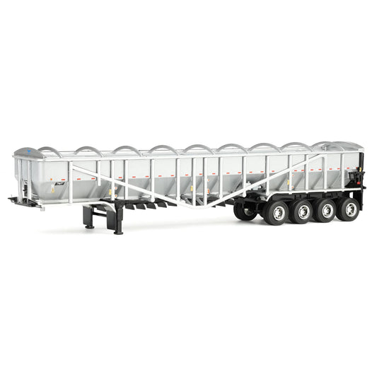 A silver and white metal potato trailer with black wheels and chassis, shown from a side profile on a clean white background.