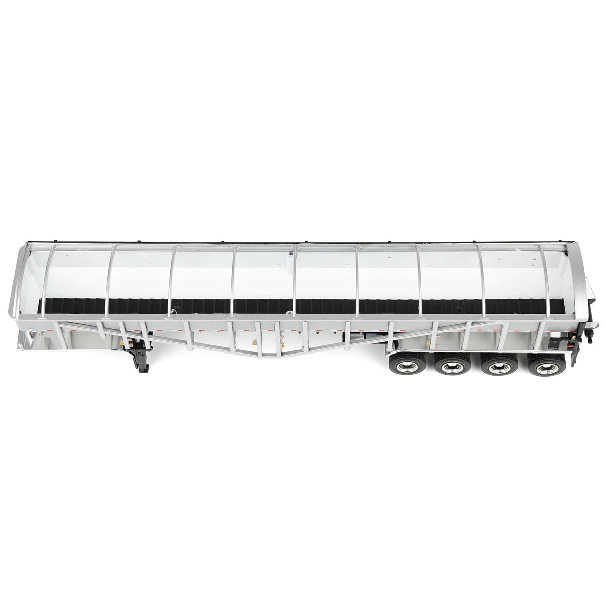 A silver and white metal potato trailer with black wheels and chassis, shown from a side profile on a clean white background.