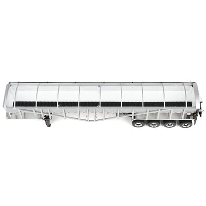 A silver and white metal potato trailer with black wheels and chassis, shown from a side profile on a clean white background.