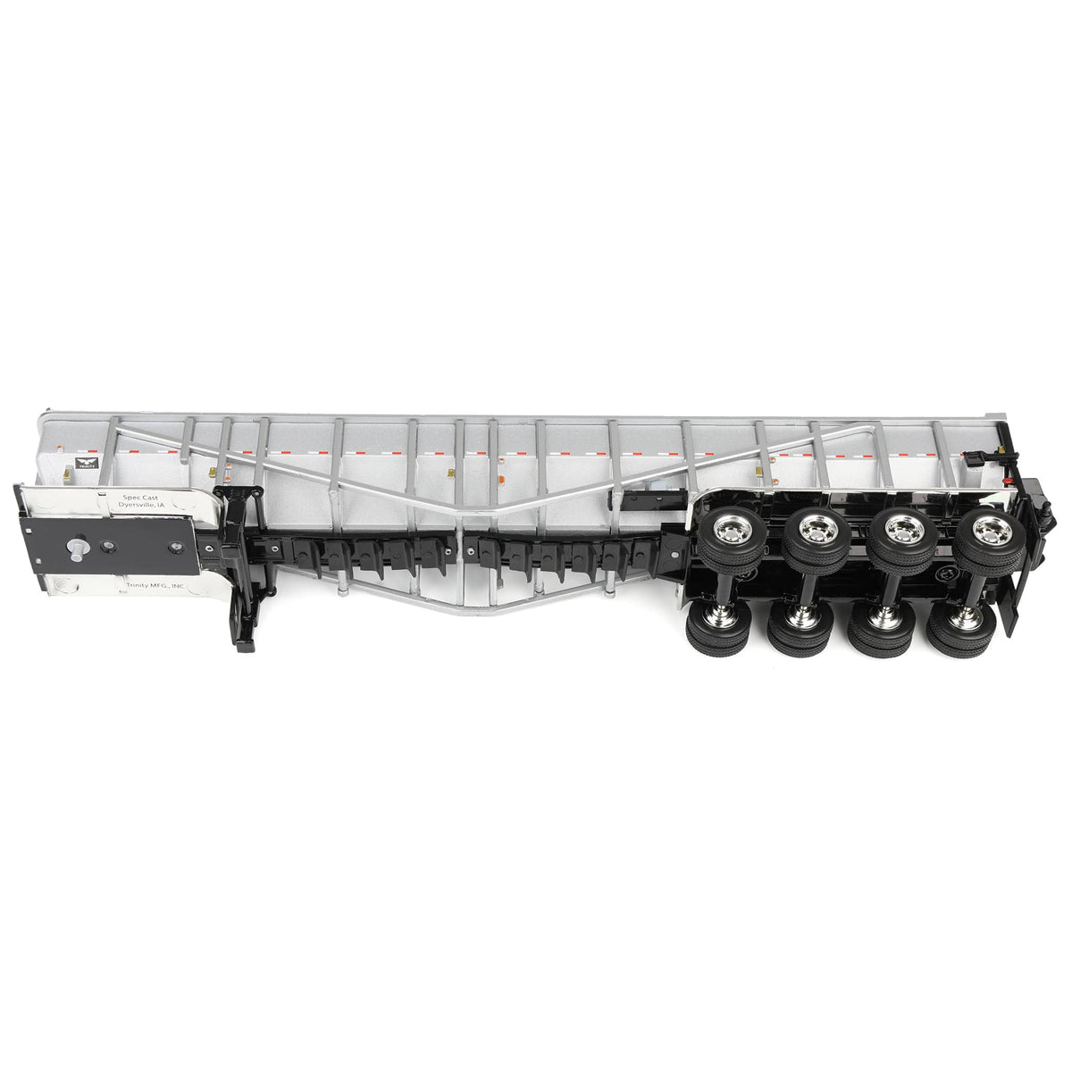 A silver and white metal potato trailer with black wheels and chassis, shown from a side profile on a clean white background.