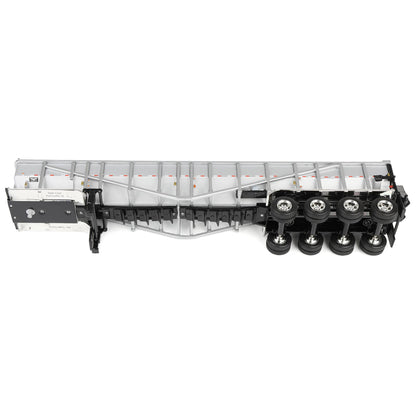 A silver and white metal potato trailer with black wheels and chassis, shown from a side profile on a clean white background.