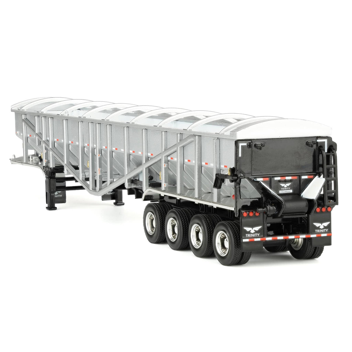 A silver and white metal potato trailer with black wheels and chassis, shown from a side profile on a clean white background.