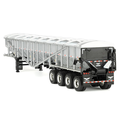 A silver and white metal potato trailer with black wheels and chassis, shown from a side profile on a clean white background.