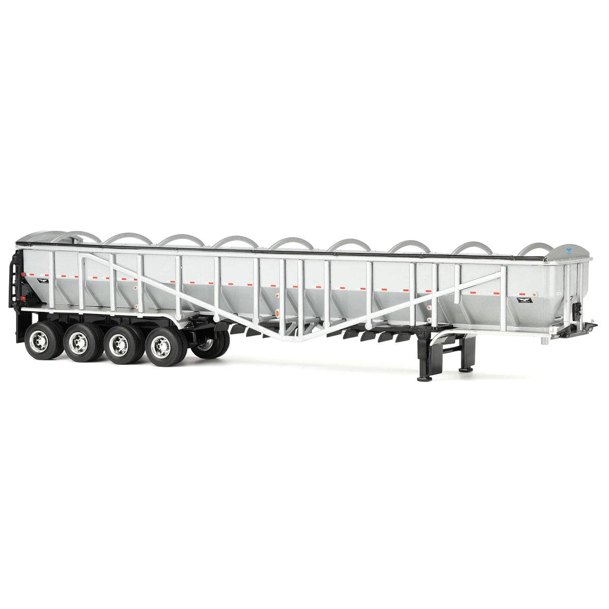 A silver and white metal potato trailer with black wheels and chassis, shown from a side profile on a clean white background.
