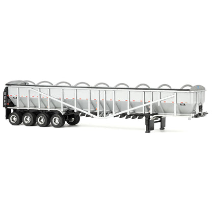 A silver and white metal potato trailer with black wheels and chassis, shown from a side profile on a clean white background.