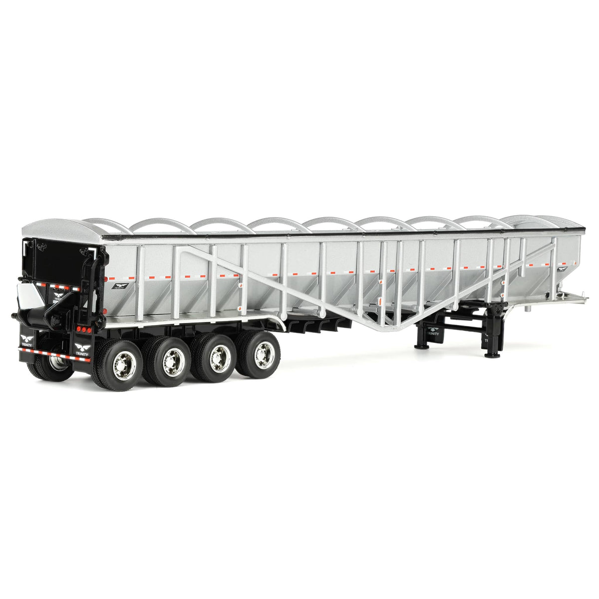 A silver and white metal potato trailer with black wheels and chassis, shown from a side profile on a clean white background.