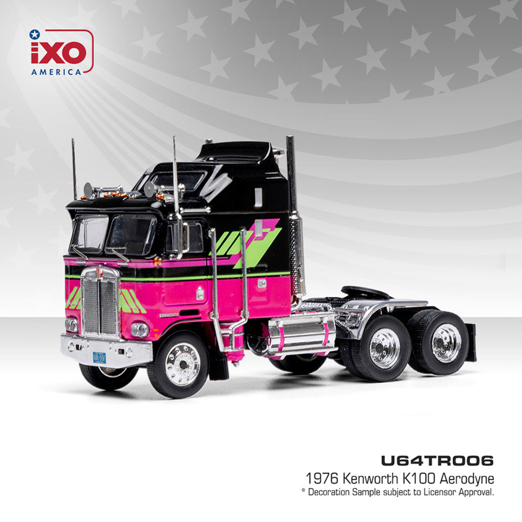 Model of a 1976 Kenworth K100 Aerodyne truck with pink and black design on a white background.