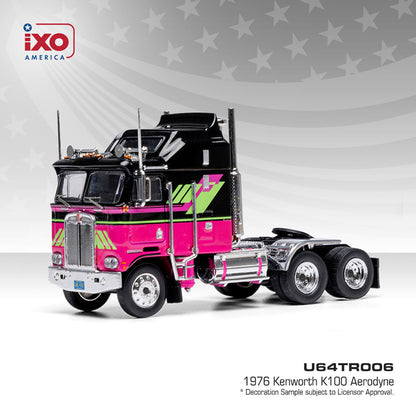 Model of a 1976 Kenworth K100 Aerodyne truck with pink and black design on a white background.