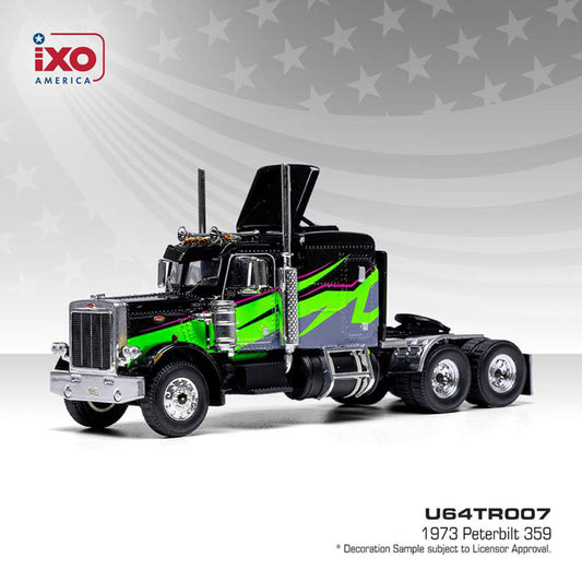 Model of a 1973 Peterbilt 359 truck with green and black design on a white background, featuring the iXO America logo.
