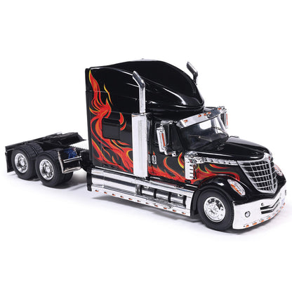 Black truck model with red flame design on a white background