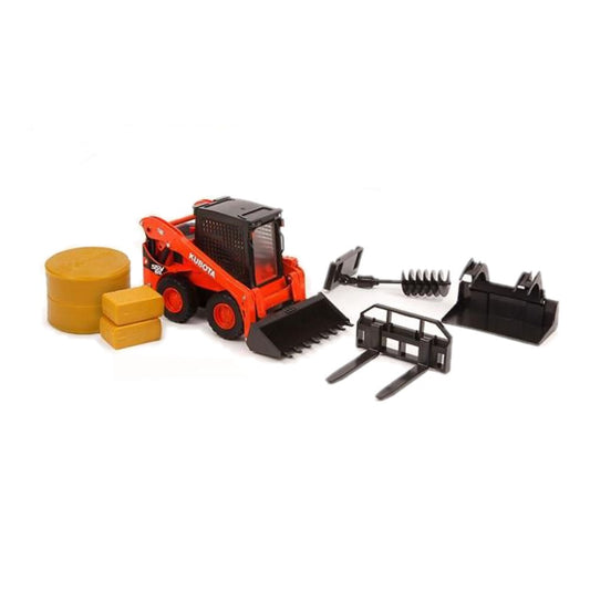Model of a construction vehicle with attachments on a white background