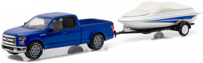 2015 Ford F-150 (Blue) w/Boat Trailer & Boat (White/Blue Stripes)