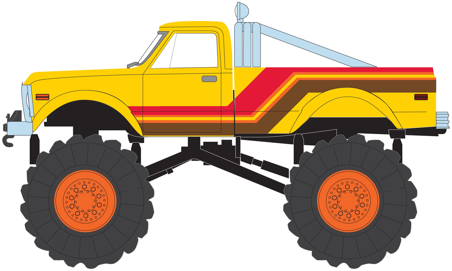 1971 Chevy K-10 Monster Truck (Yellow w/Red/Orange/Brown Stripes)
