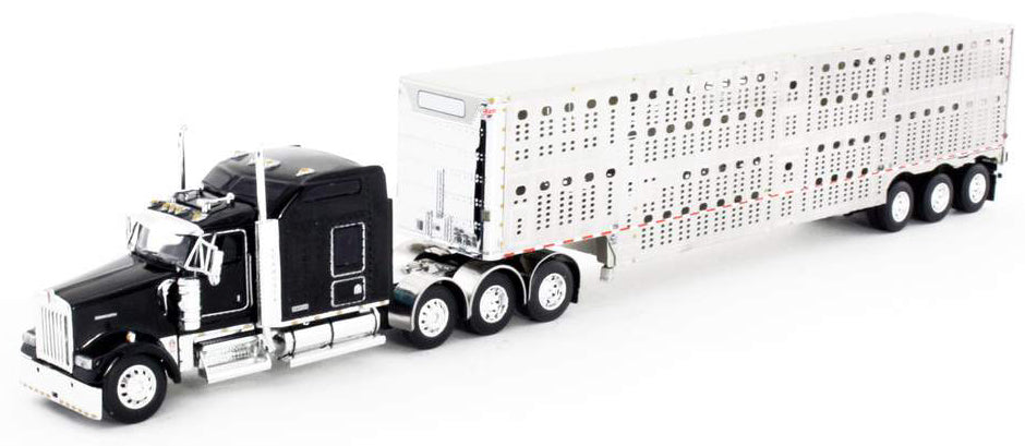 Kenworth W900L Tri-Axle with 53' Tri-Axle Wilson Silverstar Livestock Trailer (Black)