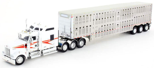 Kenworth W900L Tri-Axle with 53' Tri-Axle Wilson Silverstar Livestock Trailer (White)